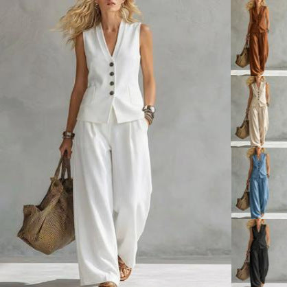 Women's Solid Linen Sleeveless Tank Top & Full-Length Pants Set