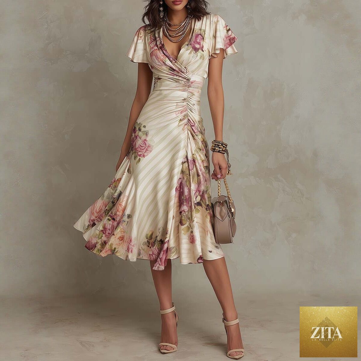 FitiqueFit ruffled hem maxi dress with V-neck satin fabric, color block design, and A-line silhouette.