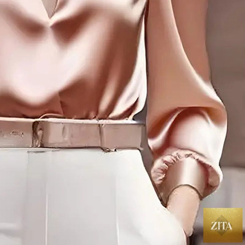 Women’s satin V-neck long sleeve blouse by FitiqueFit, featuring a slim fit, solid color, and elegant design for versatile wear.