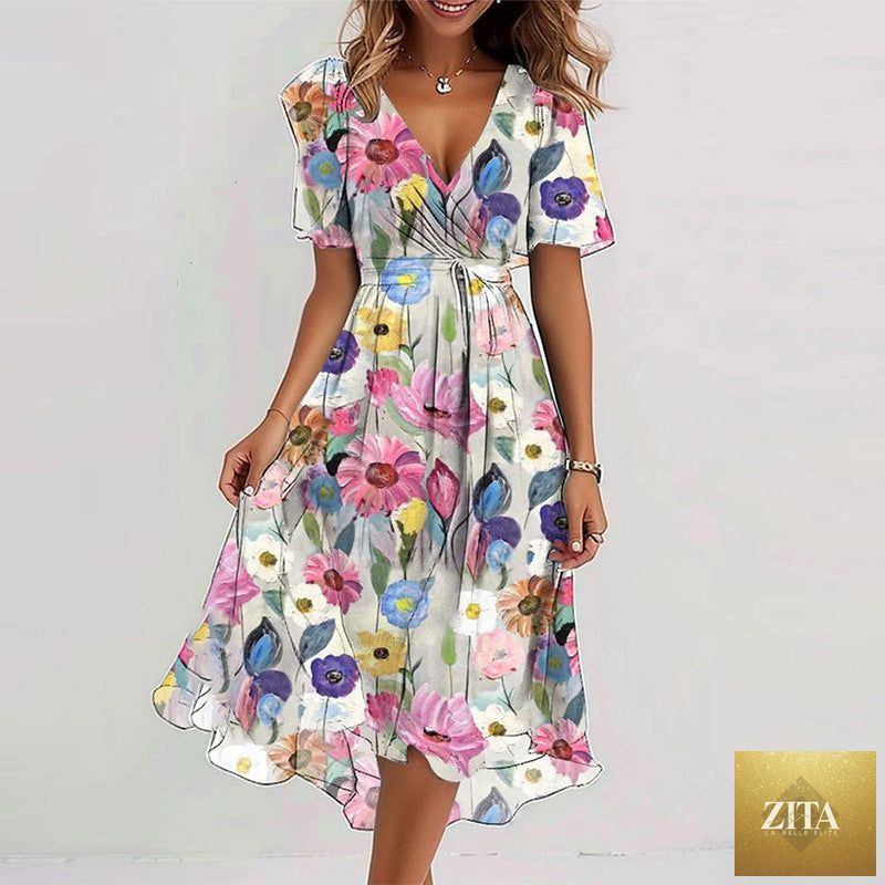 Floral print FitiqueFit A-line dress with V-neck, short sleeves, and midi length, perfect for casual or summer wear.