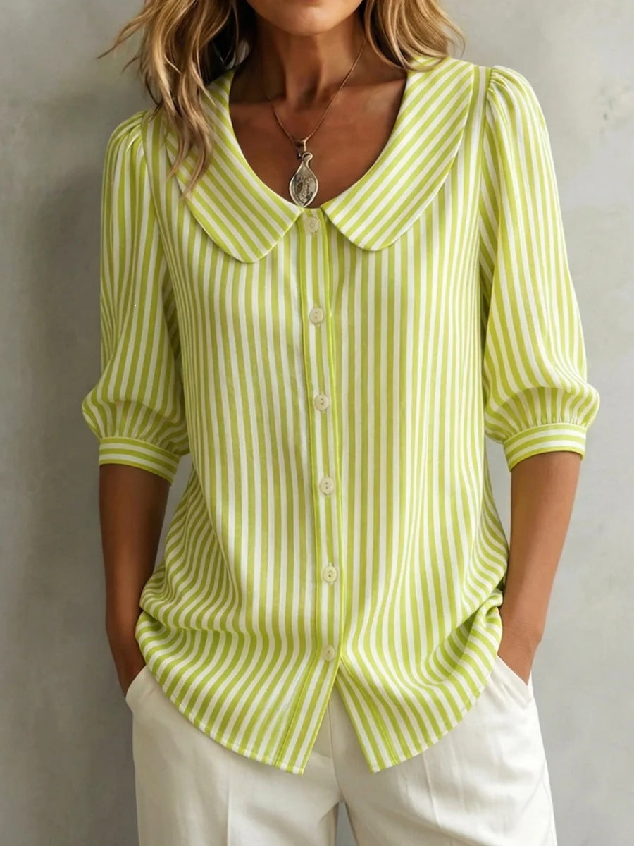 FitiqueFit striped V-neck casual top with three-quarter sleeves, featuring a stylish and comfortable design.