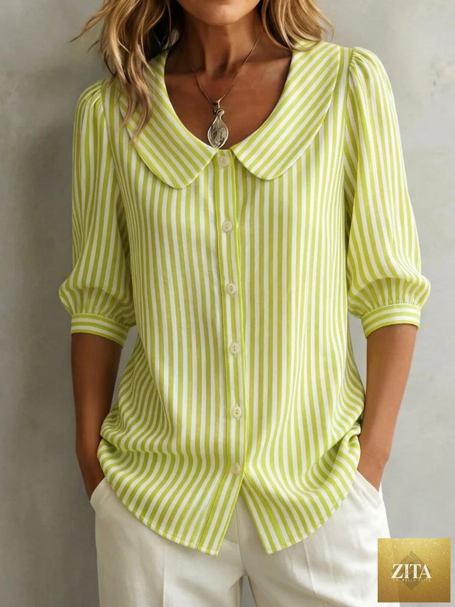 Zita La Belle Elite striped V-neck casual top with three-quarter sleeves, relaxed fit, and soft fabric for everyday wear.