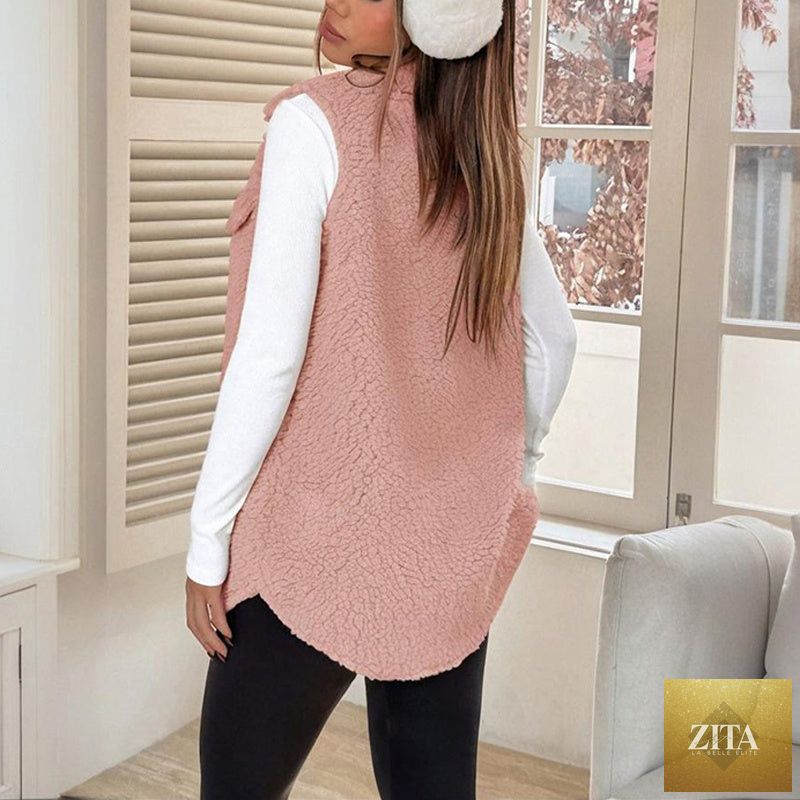 FitiqueFit wool-like sleeveless vest with lapel, featuring a tailored jacket design and soft fabric for stylish layering.