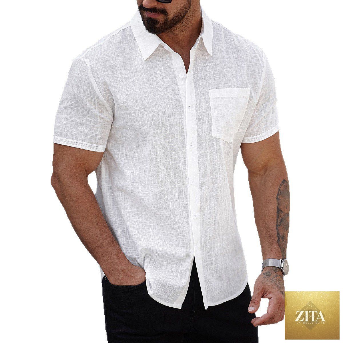 Mandotos men's short-sleeve cotton shirt with a front pocket, shown in a casual fit, in a solid color.