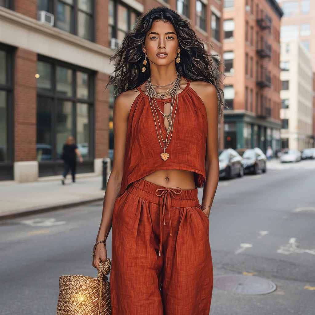 Women's linen blend summer two-piece set with sleeveless tank top and wide-leg pants, casualwear by FitiqueFit.
