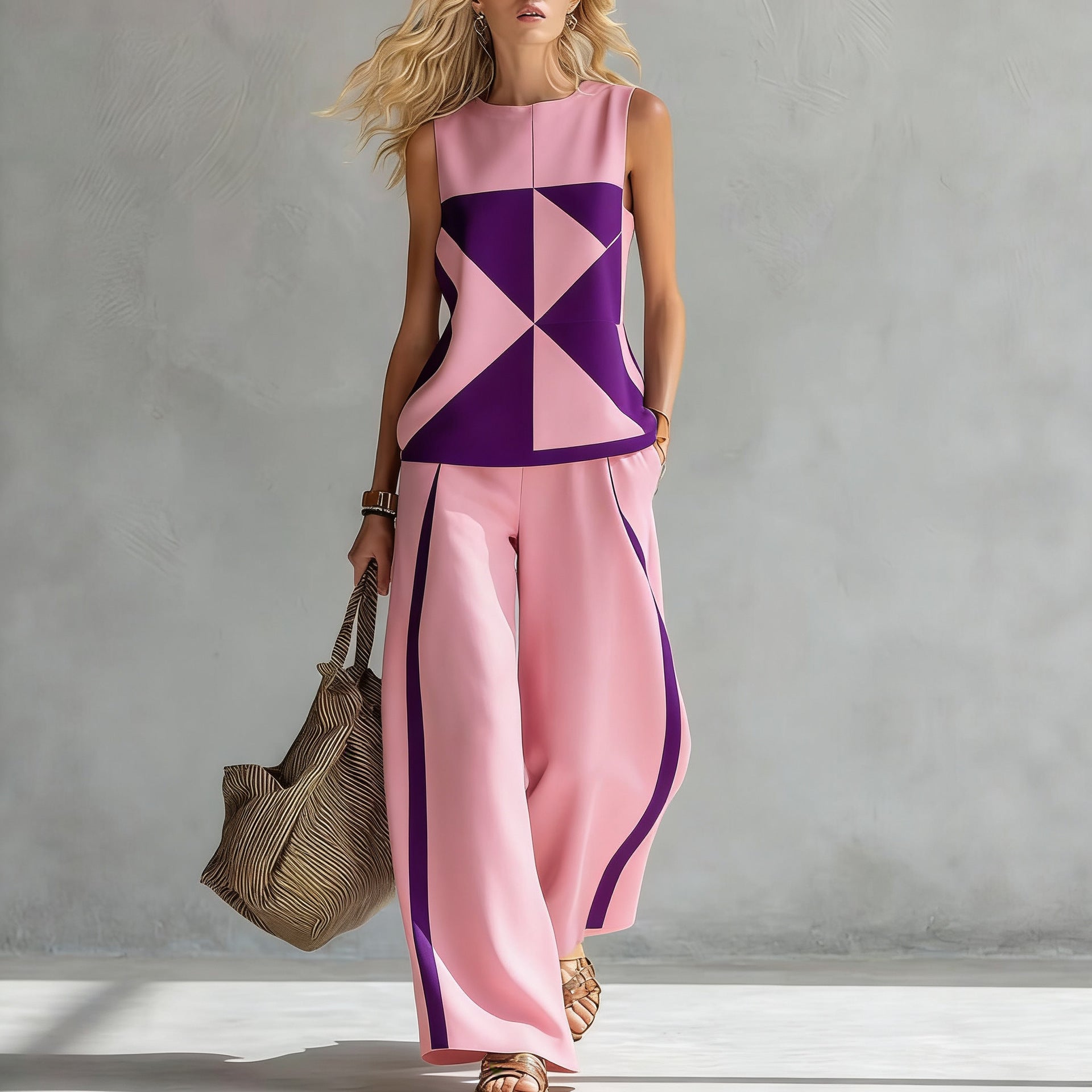 Women's sleeveless printed tank top and wide-leg pants two-piece casualwear set by FitiqueFit, shown in a stylish, relaxed fit.