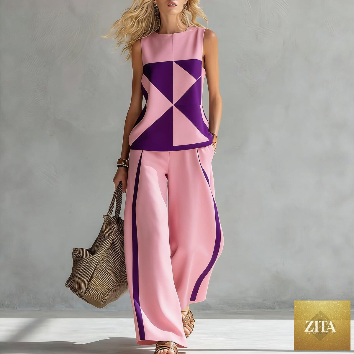 Zita La Belle Elite women's sleeveless printed tank top and wide-leg pants two-piece casualwear set, stylish and comfortable.