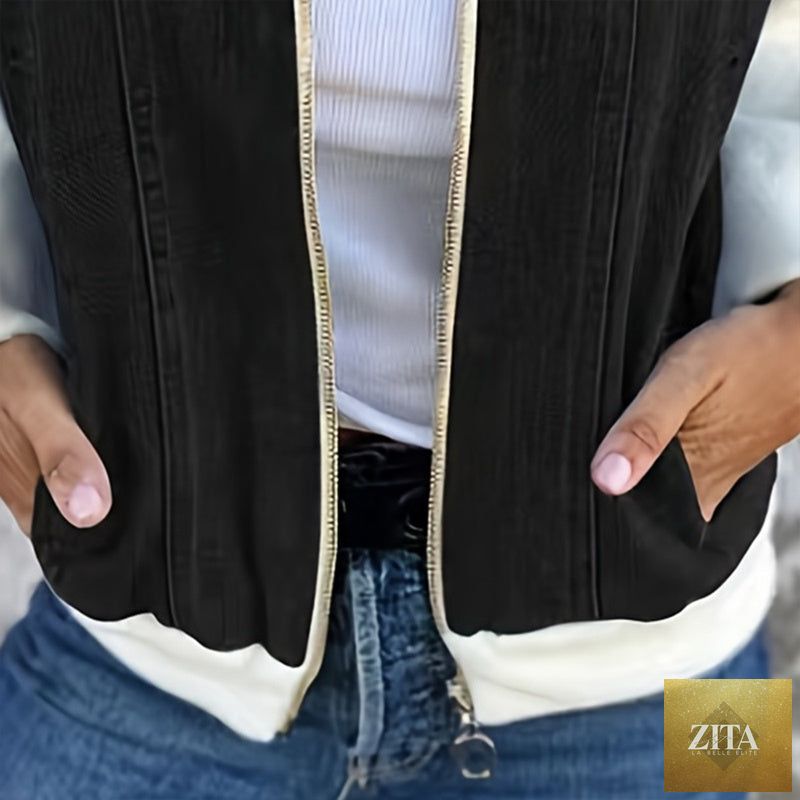 Women's denim patchwork zip-up jacket by FitiqueFit, casualwear style with colorful patch details and front zipper closure.