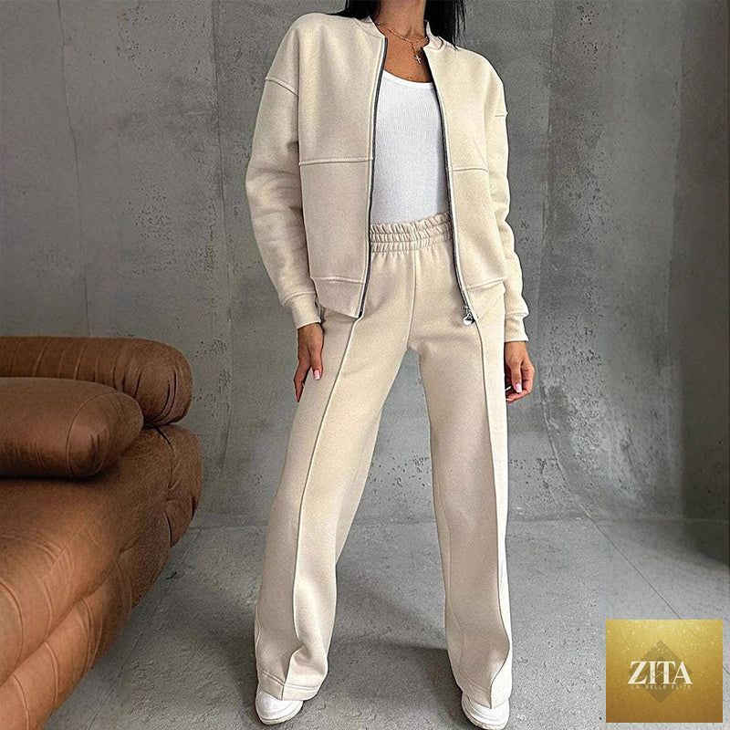 Women’s Zita La Belle Elite casualwear 2-piece zip-up sweatsuit set with a jacket and wide-leg sweatpants, comfortable and stylish.