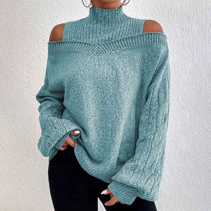 Women's cold shoulder sweater by FitiqueFit featuring high neck, cut-out shoulders, and long sleeves in casualwear style.