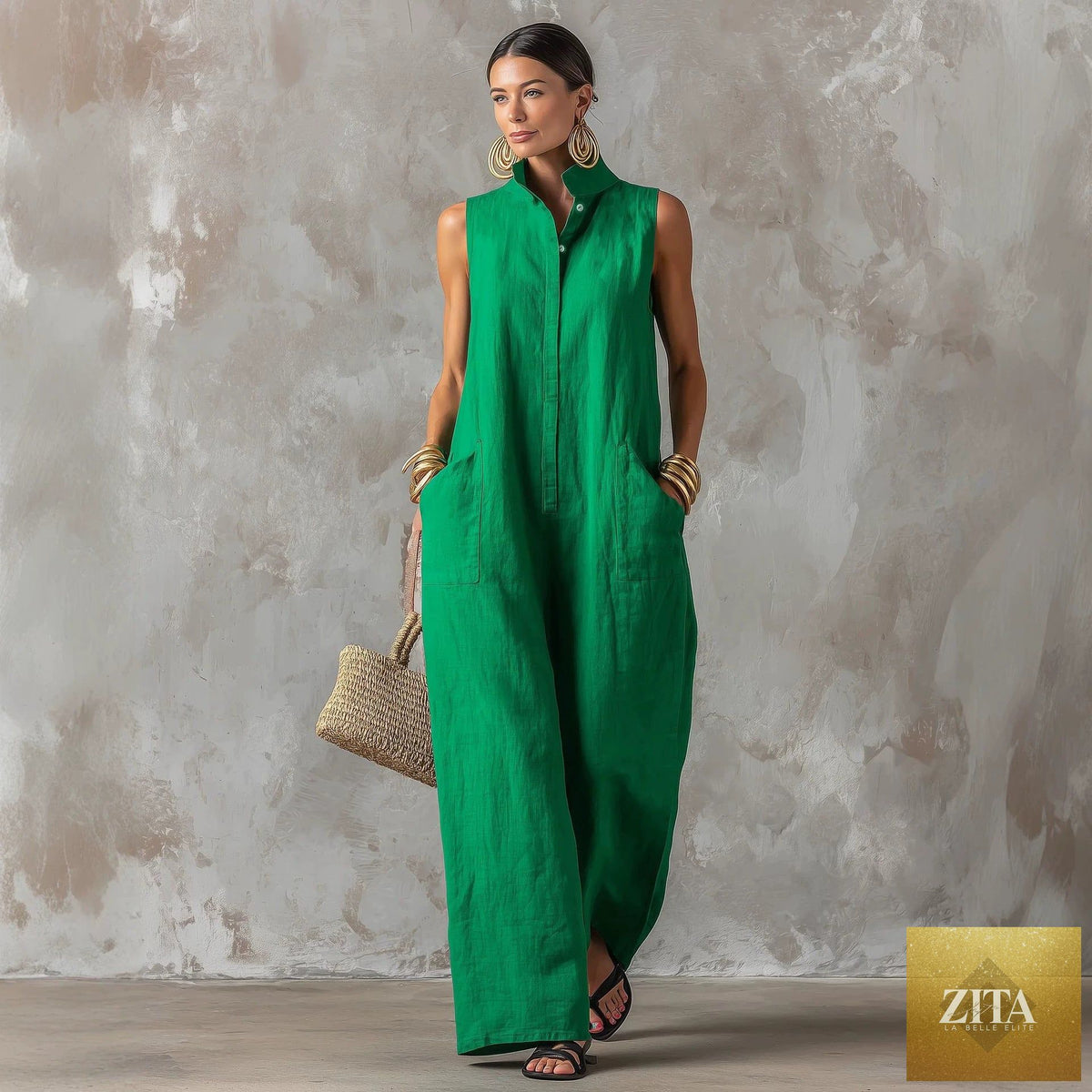 Linen blend sleeveless stand-collar jumpsuit by FitiqueFit in various colors, featuring a relaxed fit and stylish design.