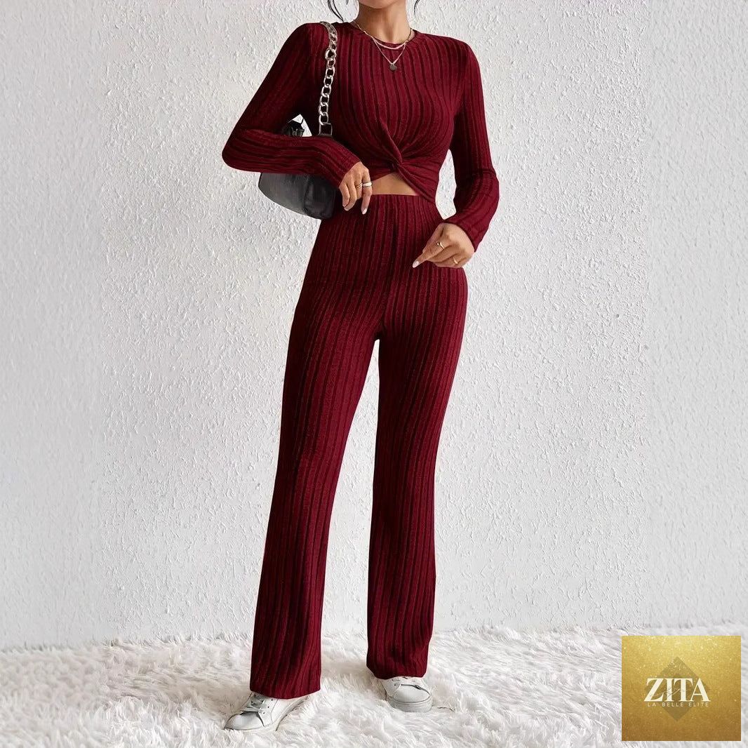 Women's Twist-Front Crop Top & Wide-Leg Ribbed Knit Set – 3 Colors