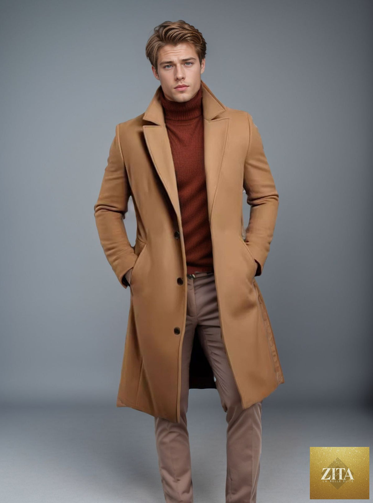 Men's mid-length trench coat in beige with slim pockets, single-breasted collar, suitable for fall and winter casual or business wear.