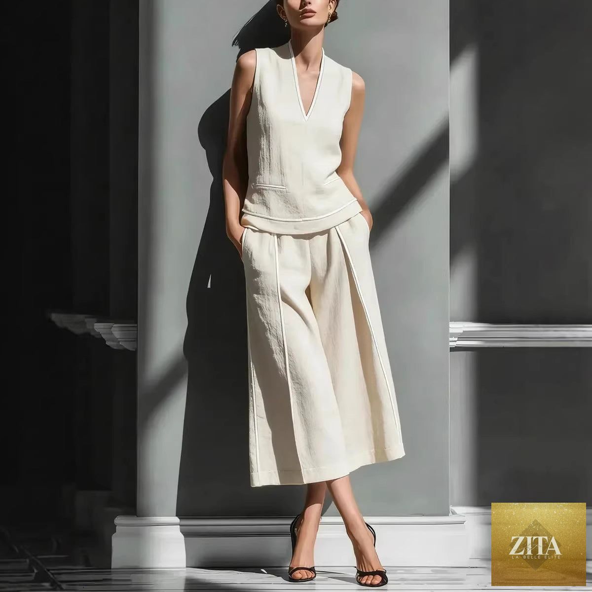 Zita La Belle Elite women's sleeveless linen shirt and cropped pants set, casual summer outfit, lightweight and comfortable.