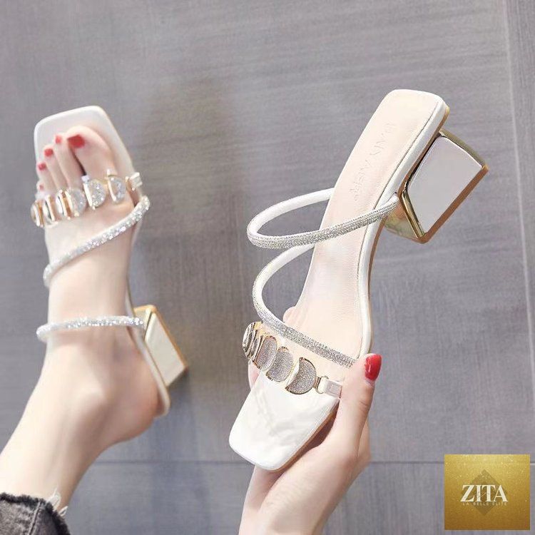 Women’s Korean style rhinestone slide sandals with single strap and mid chunky heel by Zita La Belle Elite, showing the stylish footwear.