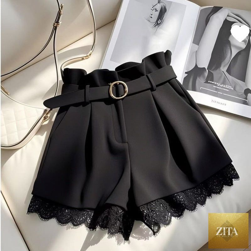 High-waisted casual shorts for petite women, cropped length, featuring a relaxed fit and neutral fabric in the image.