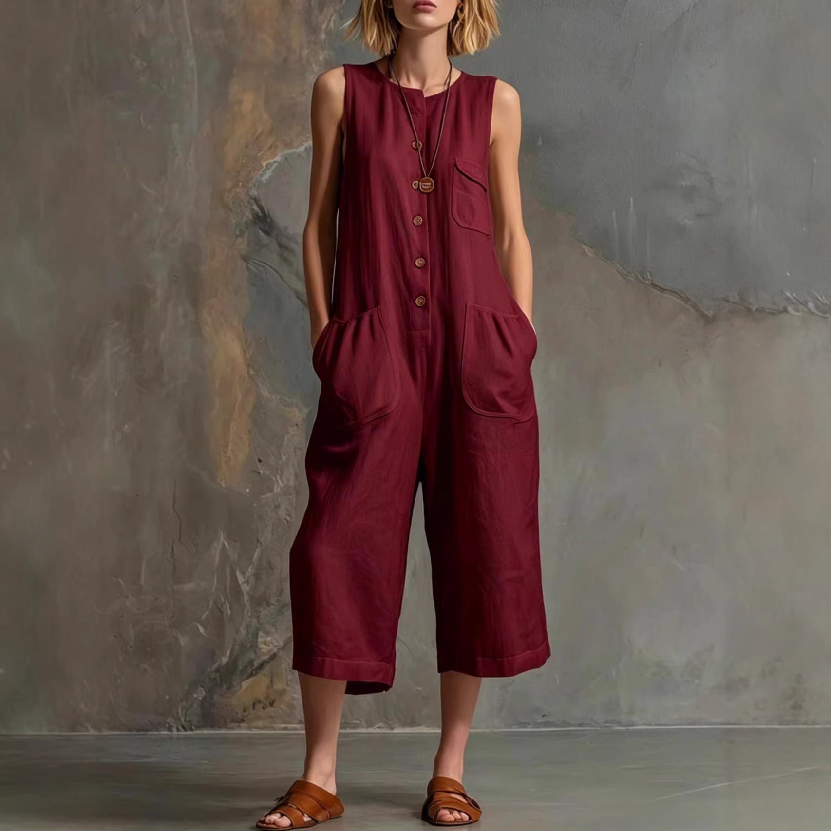 Women's retro sleeveless wide-leg cropped jumpsuit by FitiqueFit, casualwear with a stylish, relaxed fit and wide-leg design.