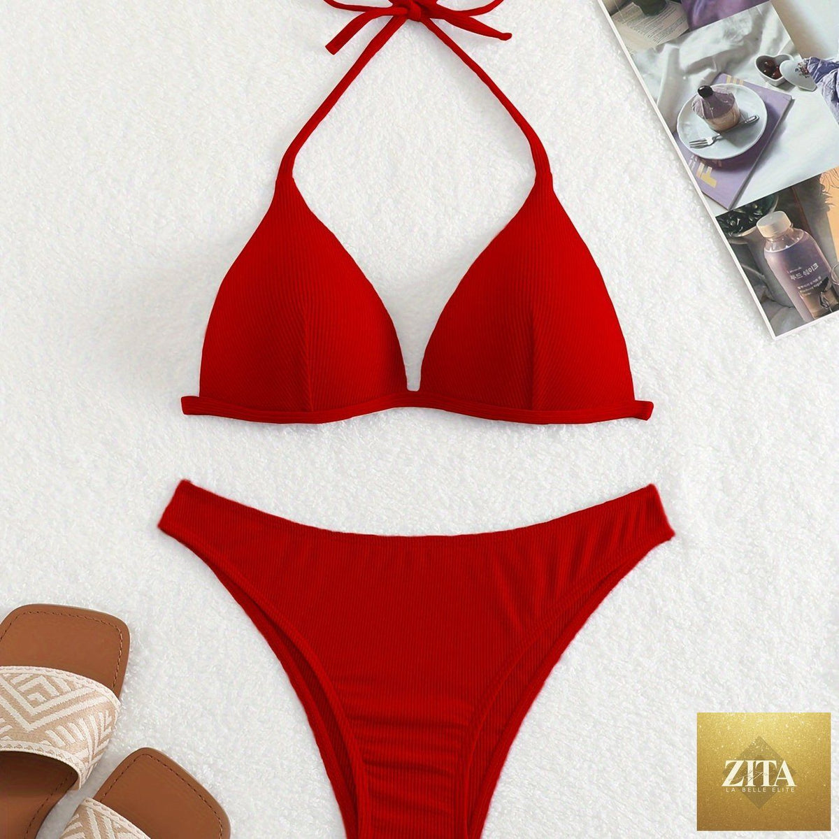 Stevvex rib knit solid color triangle bikini set with adjustable tie back, spaghetti straps, perfect for summer beach and poolside.