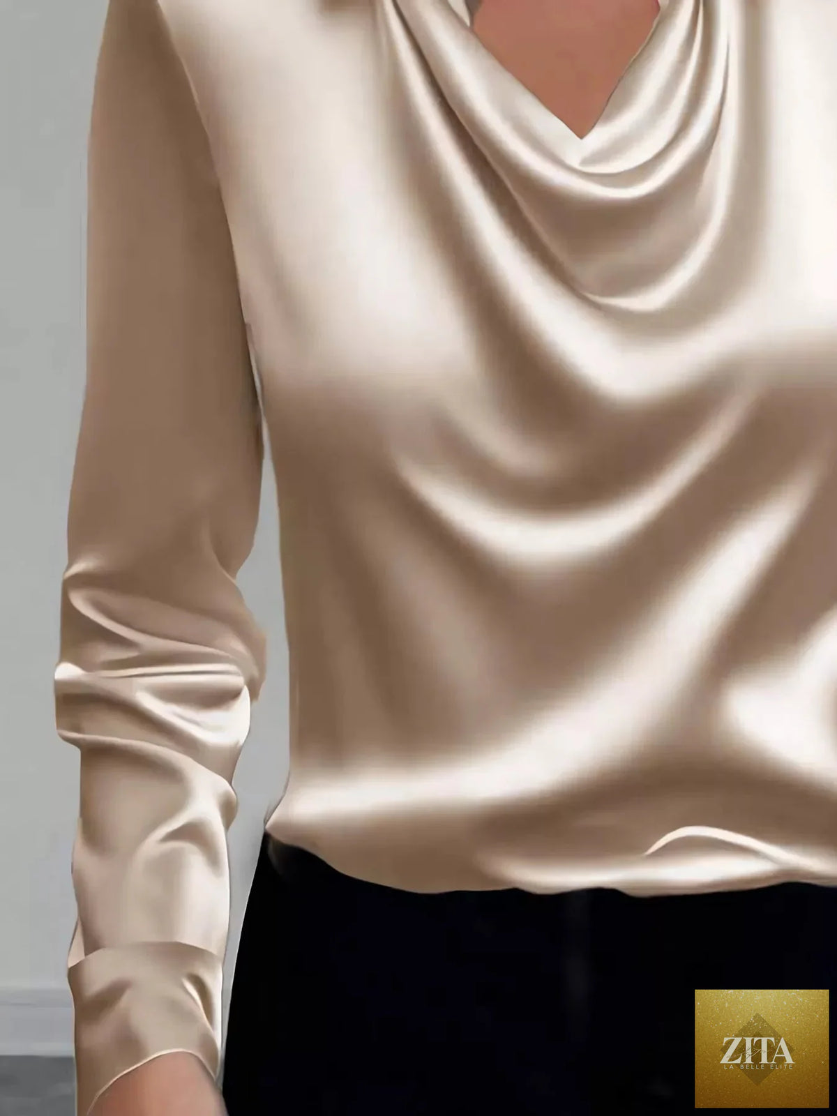 Zita La Belle Elite satin collared long sleeve blouse with a smooth, shiny fabric and classic collar, displayed on a neutral background.