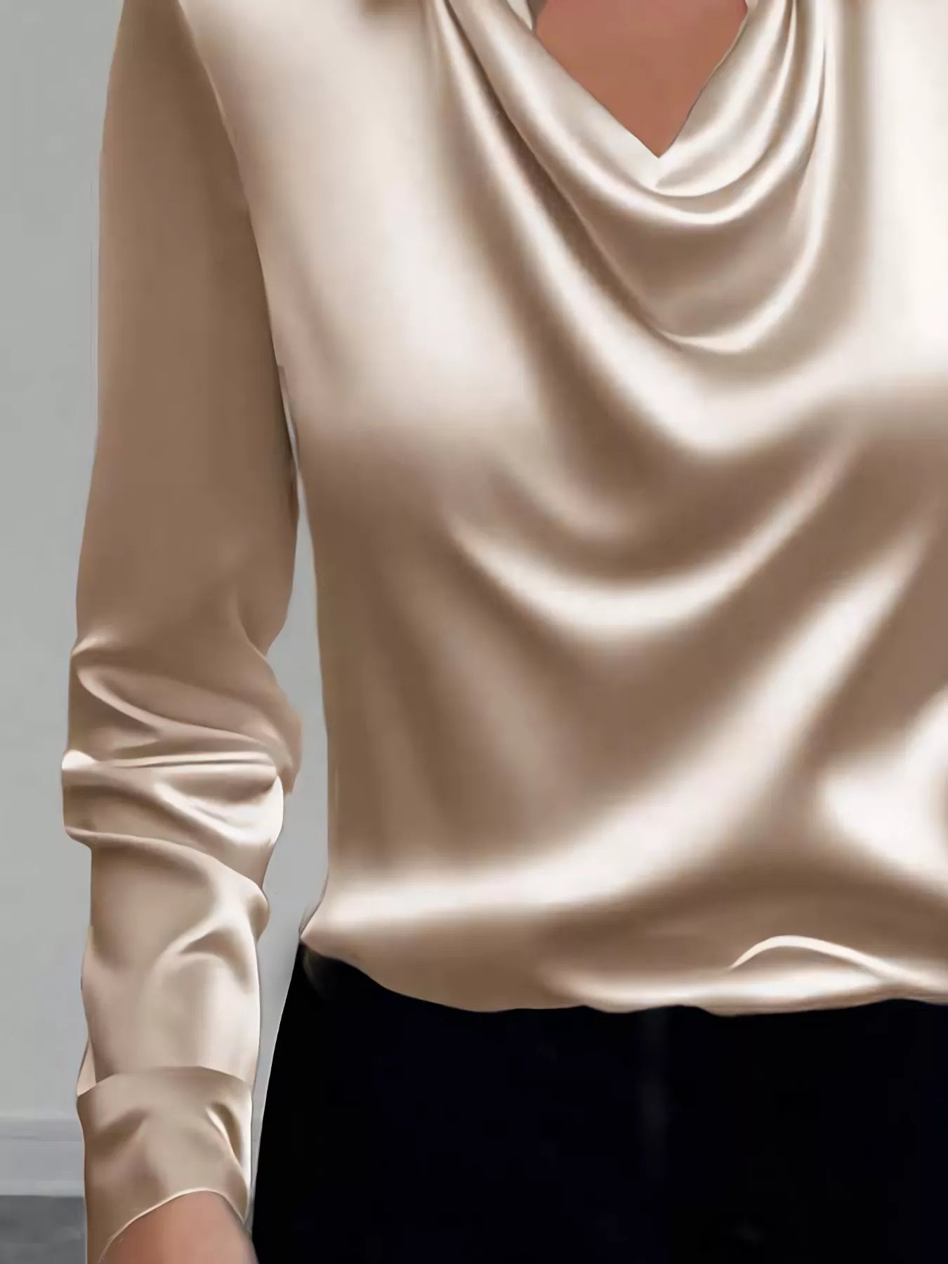 Satin collared long sleeve blouse by The Fashion Celestial, shown in a sleek, shiny fabric with a classic collar and button cuffs.