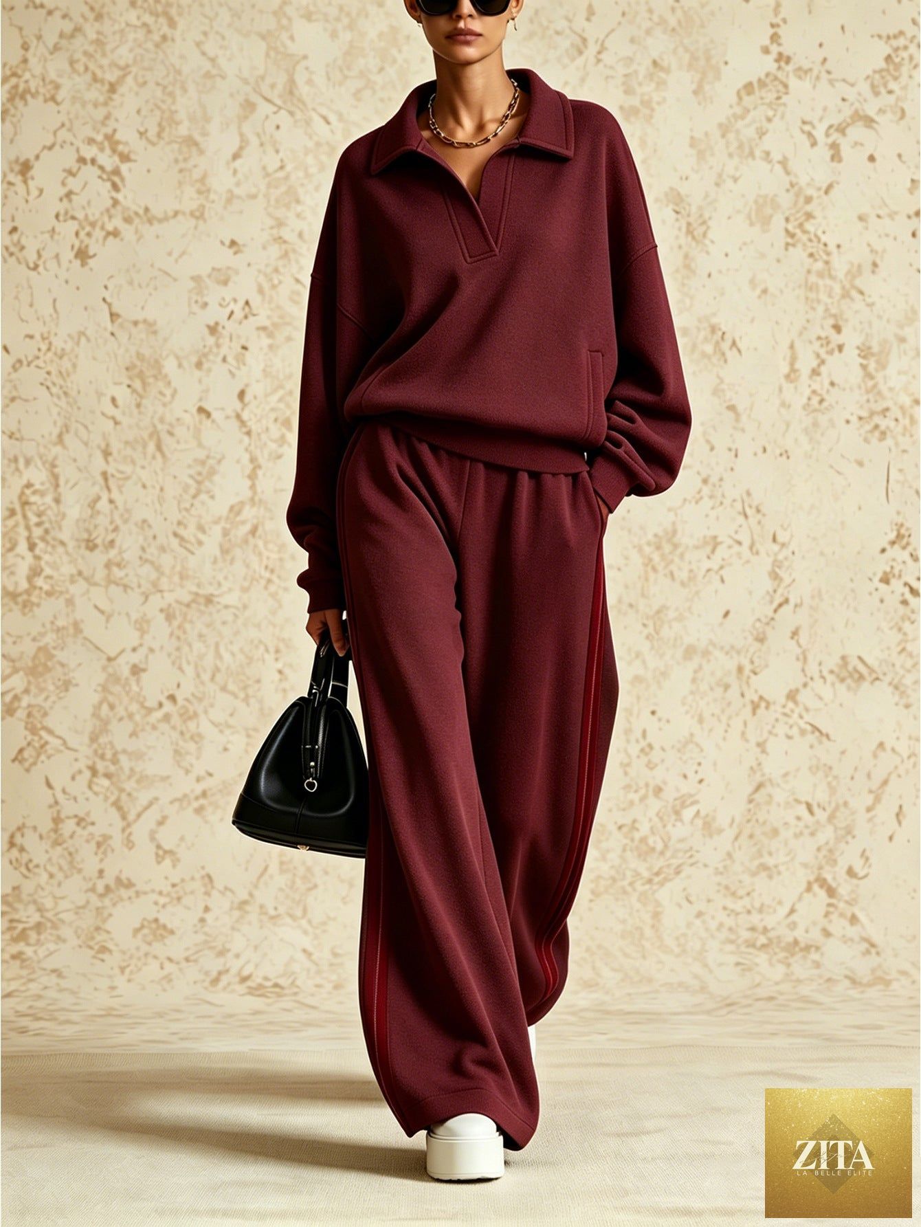 Women's Polo-Collar Oversized Sweatshirt & Side-Stripe Wide-Leg Pants Set