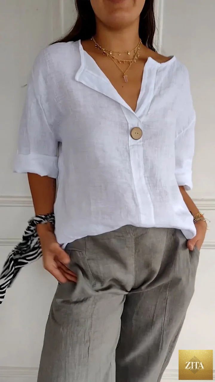 Zita La Belle Elite women's V-neck long-sleeve button top, loose fit casual blouse in soft fabric, shown in a neutral color.