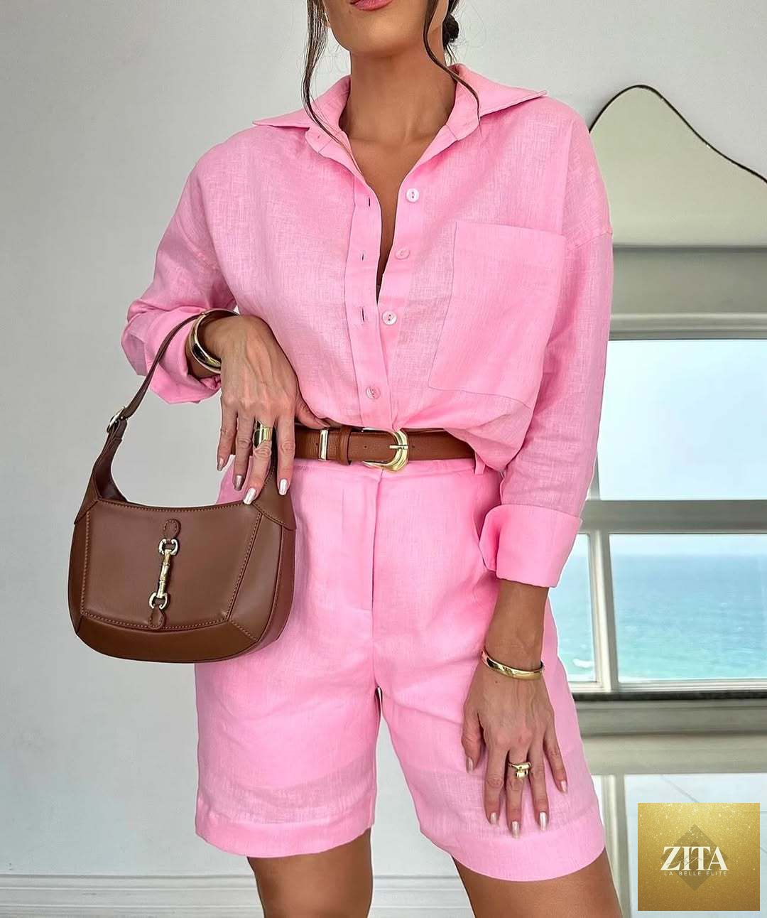 Women's casual cotton long-sleeve shirt and shorts set by Zita La Belle Elite, featuring a comfortable, relaxed fit and stylish design.