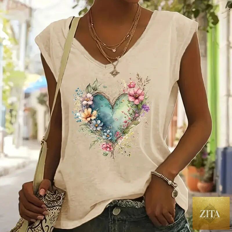Zita La Belle Elite short sleeve casual T-shirt with floral heart print, summer floral casualwear top, soft fabric and vibrant design