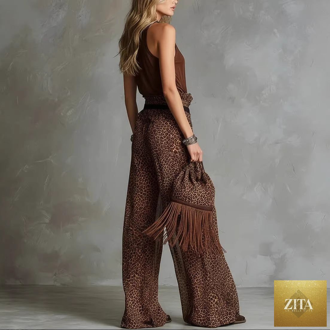 Zita La Belle Elite leopard print sheer wide-leg pants and sleeveless tank top casualwear set, stylish and lightweight for warm weather