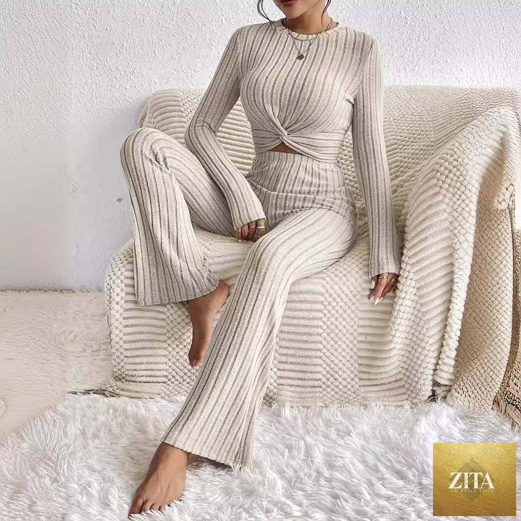 Women's Twist-Front Crop Top & Wide-Leg Ribbed Knit Set – 3 Colors