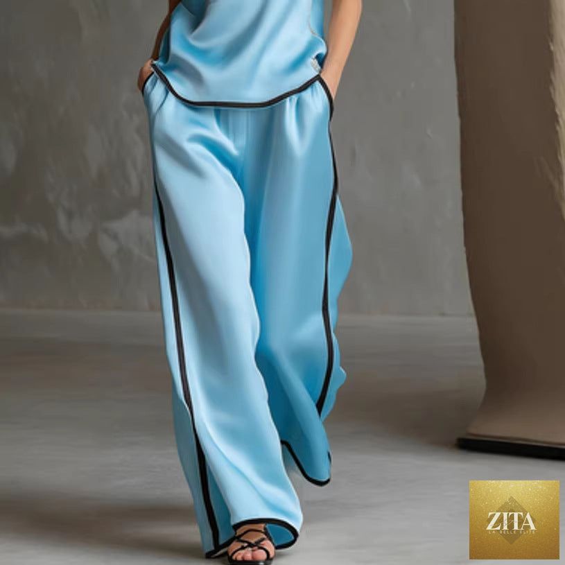 Women’s sleeveless V-neck wide-leg pants set by Zita La Belle Elite, casualwear with relaxed fit and stylish design.