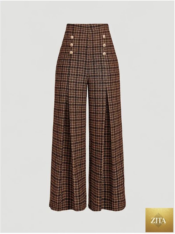 High-waisted plaid and striped retro pants by The Fashion Celestial, stylish summer commuter bottoms with versatile design.