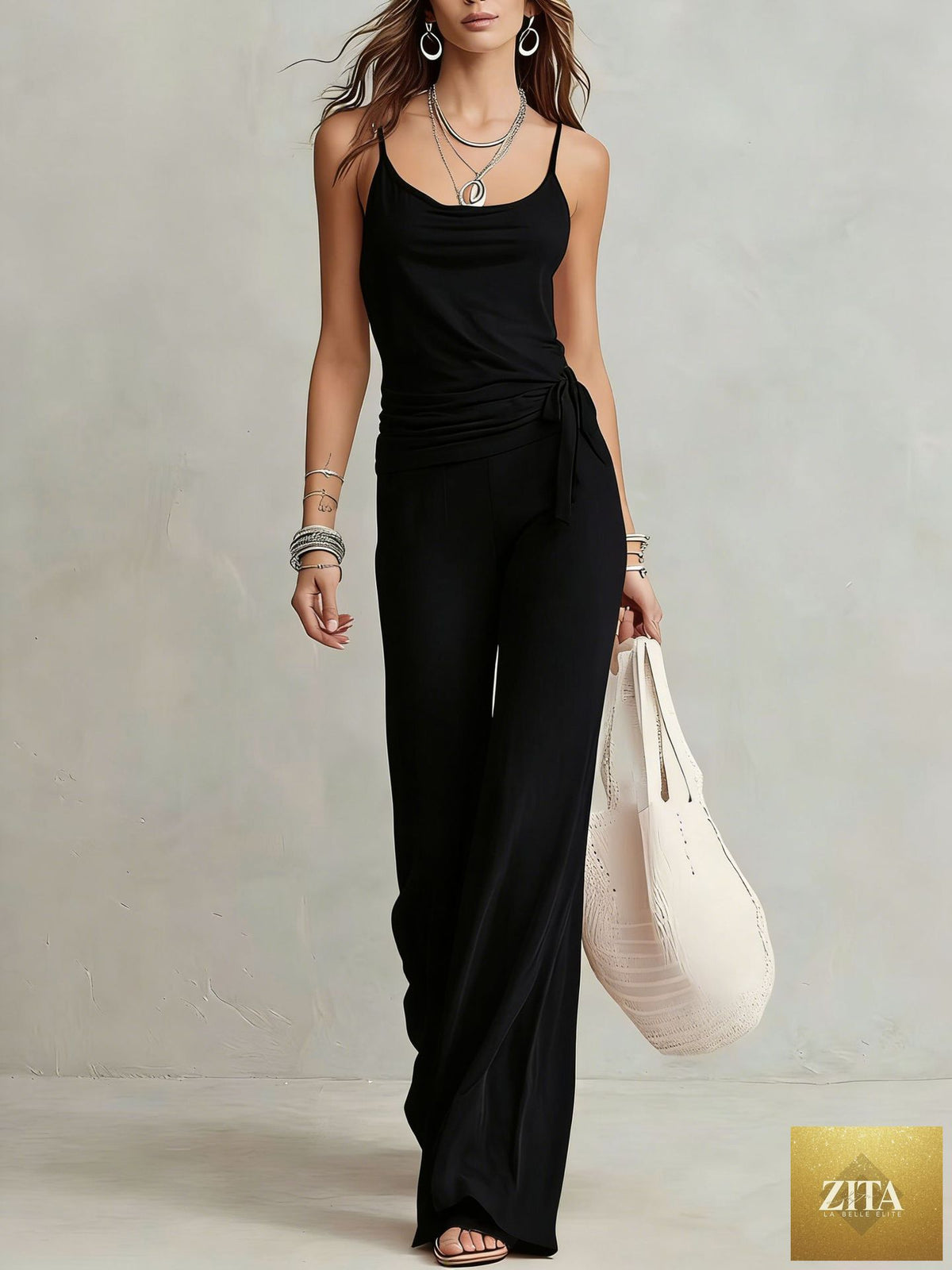 Women's solid color sleeveless top and pants two-piece casualwear set by Zita La Belle Elite, featuring a comfortable, stylish design.