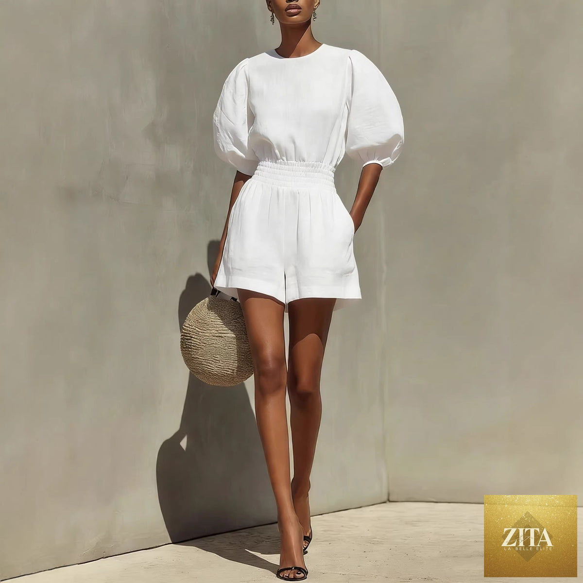 Zita La Belle Elite women's puff-sleeve top and cropped shorts casualwear set, featuring stylish puff sleeves and comfortable fit.