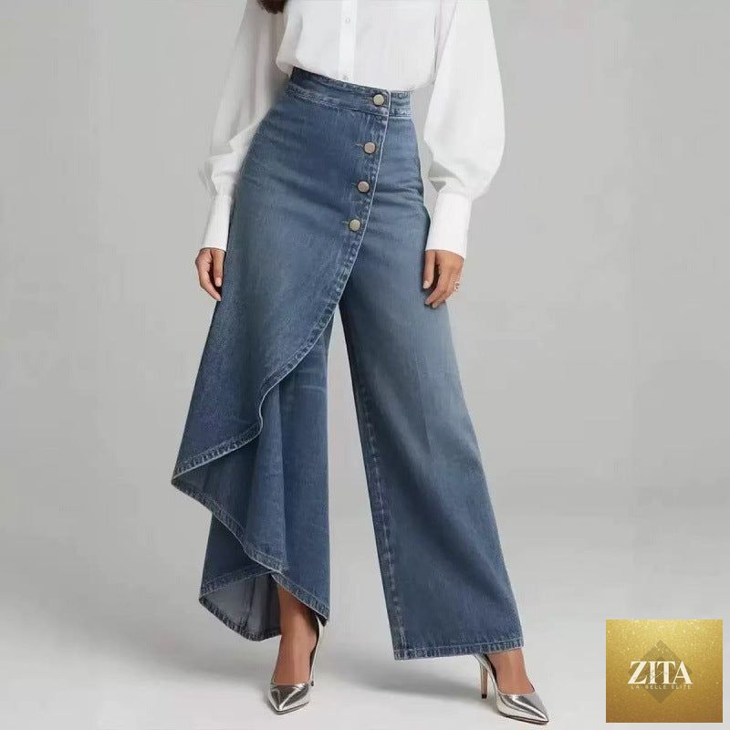 Women's washed denim skort with button closure, casualwear from FitiqueFit, featuring a relaxed fit and front pockets.