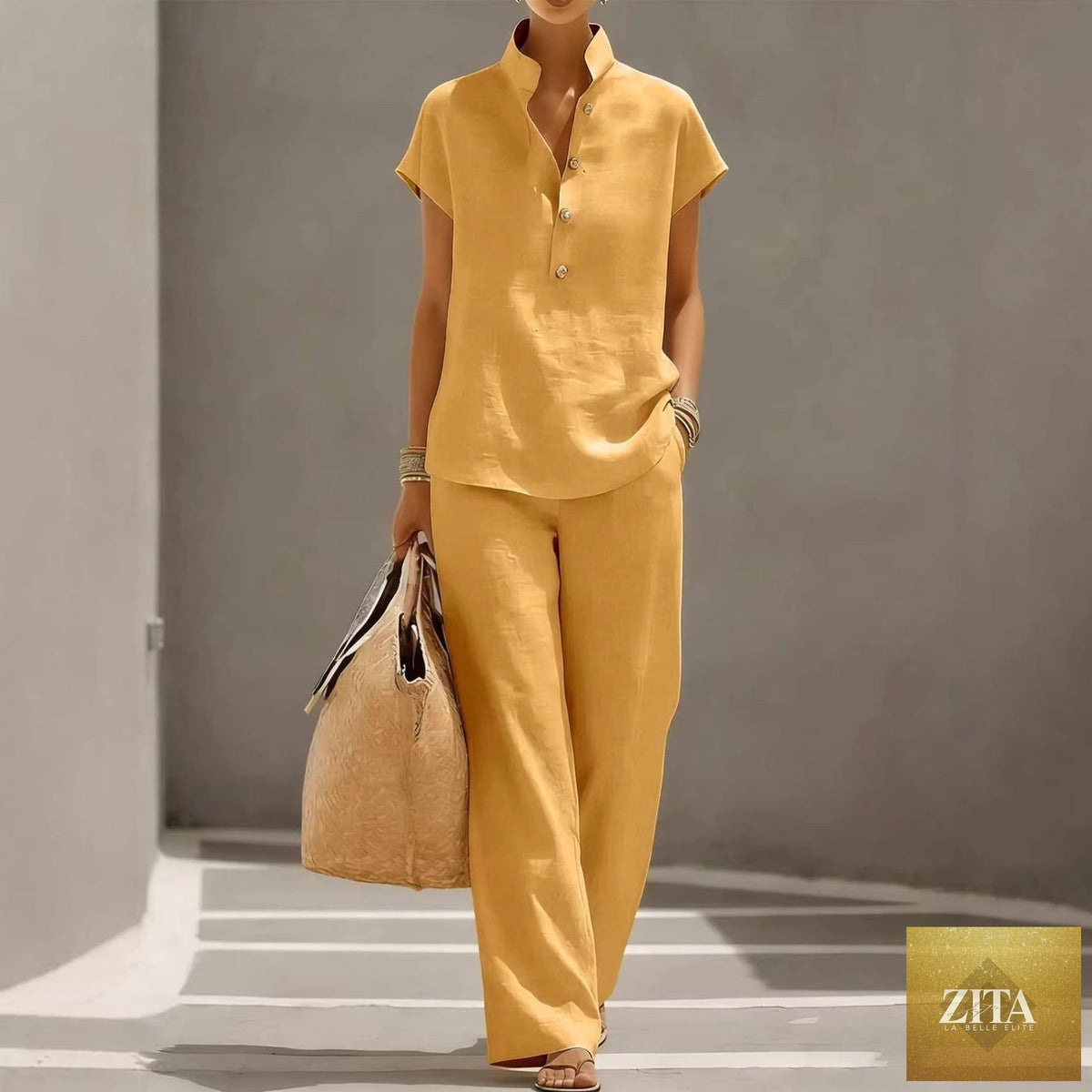 Zita La Belle Elite three-piece set with solid cardigan, short sleeve top, and pants for casual lounge wear.
