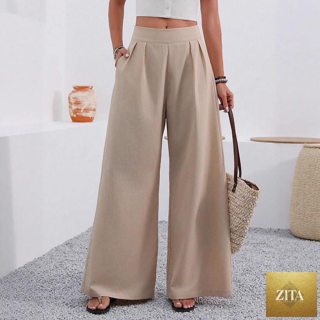 Women's high-waist wide-leg trousers with pockets by Zita La Belle Elite, full-length, stylish and comfortable for everyday wear.