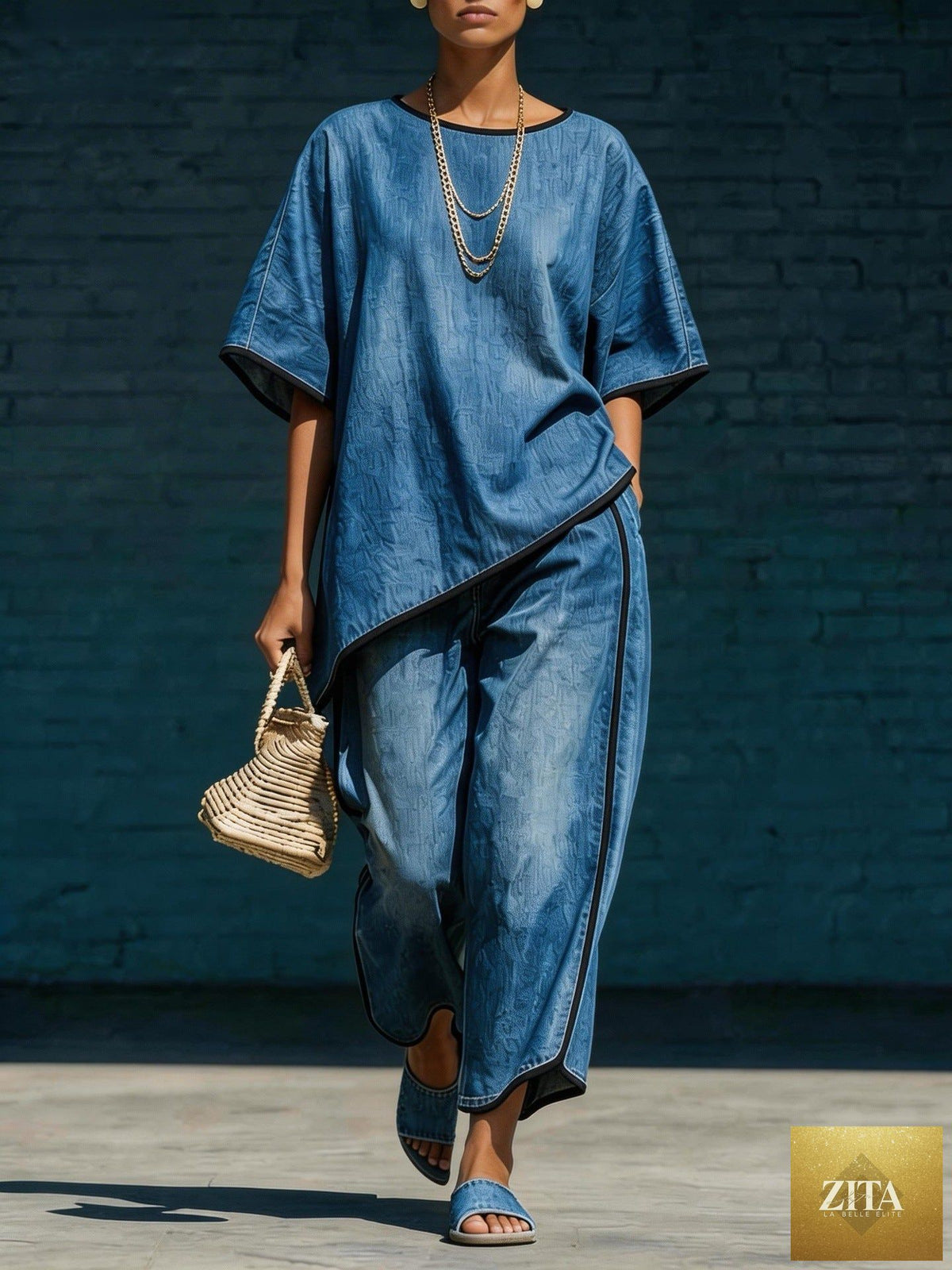Zita La Belle Elite women's denim-style knit top and wide-leg pants casual 2-piece set, stylish and comfortable casualwear.