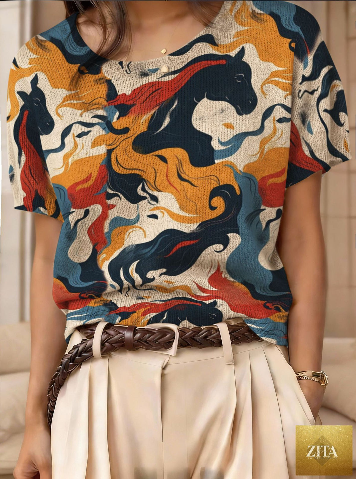 Women's retro short-sleeve Jacquard knit top by Zita La Belle Elite, featuring a stylish vintage pattern in natural fabric.