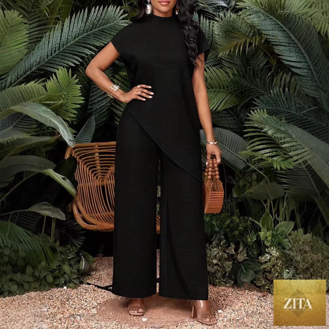 Asymmetrical sleeveless top and matching pants set for women by FitiqueFit, stylish two-piece outfit for casual wear.