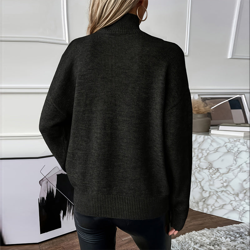 Women’s elegant off-shoulder turtleneck sweater by FitiqueFit, featuring long sleeves and a cozy knit fabric, perfect for casual wear.