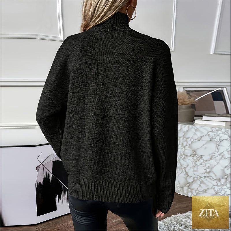 Women’s elegant off-shoulder turtleneck sweater by FitiqueFit, featuring long sleeves and a cozy knit fabric, perfect for casual wear.