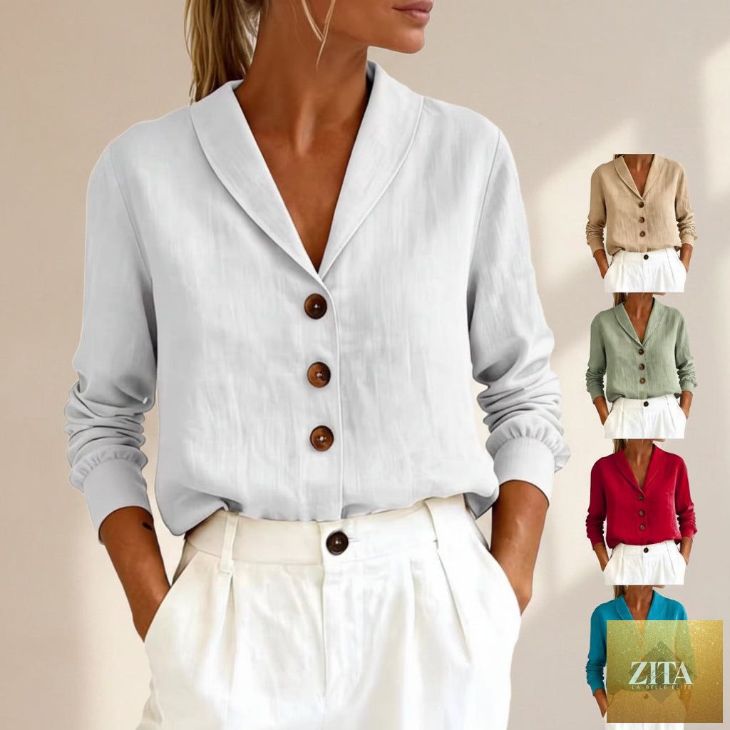 Women's cotton-linen Peter Pan collar button-up shirt by Zita La Belle Elite in 8 colors, featuring long sleeves and a relaxed fit.