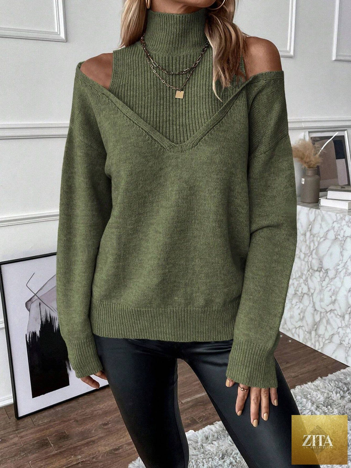 Women’s elegant off-shoulder turtleneck sweater by FitiqueFit, long sleeve knit casualwear in a stylish and cozy design.