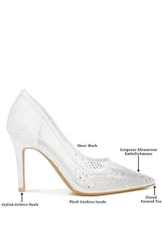 Femstylo high ball mesh rhinestone stiletto pumps with pointed toes and sparkling embellishments, stylish heels for elegant occasions.
