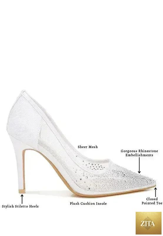 Zita La Belle Elite high ball mesh rhinestone stiletto pumps with pointed toes and sparkling details.