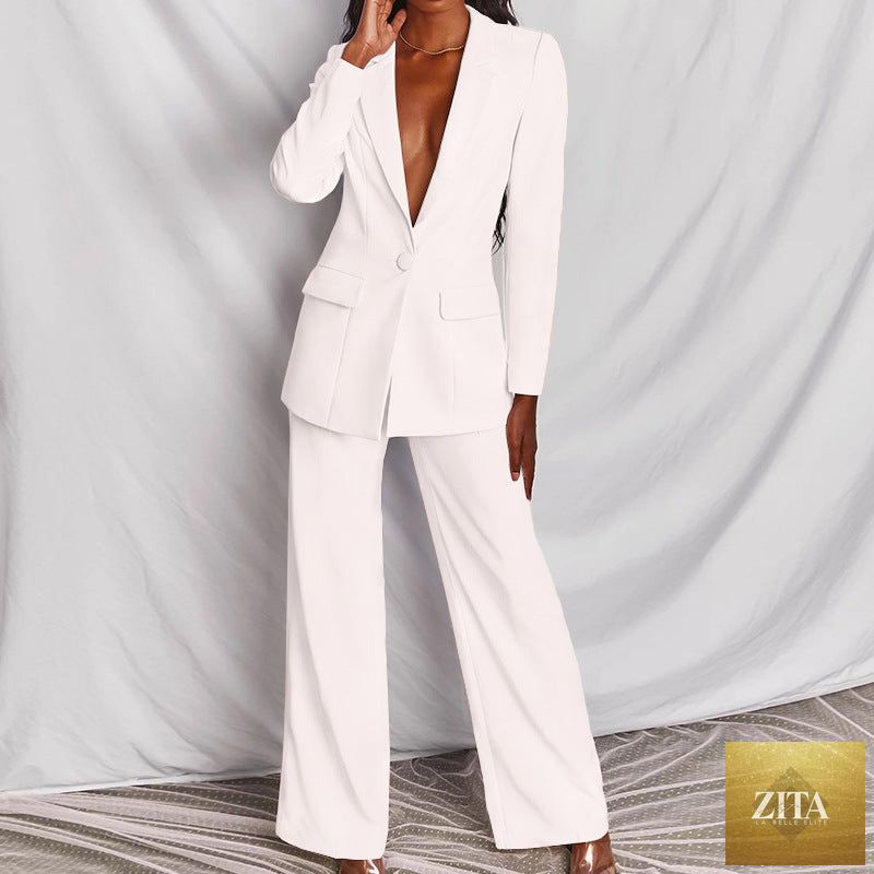 FitiqueFit two-piece blazer and straight-leg trousers suit featuring a lapel button-down blazer and tailored trousers.