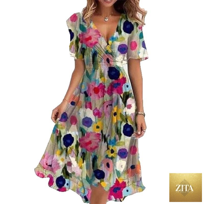 Floral print FitiqueFit A-line dress with v-neck, short sleeves, midi length, perfect for casual or summer wear.