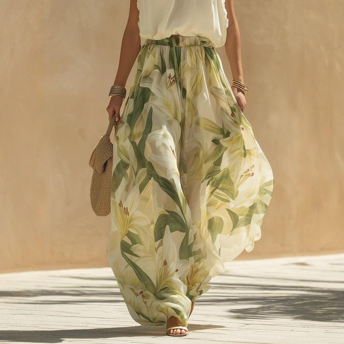 Casual waist-cinching printed maxi dress with ruffle hem by FitiqueFit, available in sizes S to 3XL, shown on a model.