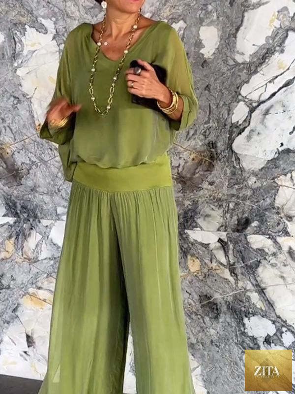 Zita La Belle Elite solid-color chiffon two-piece casualwear set in various colors, featuring a relaxed fit and stylish design.